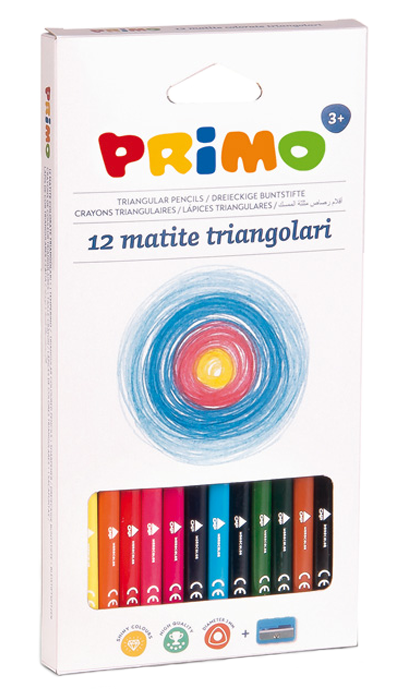 Set creioane colorate Primo - trunghiulare, 12 culori + ascutitoare