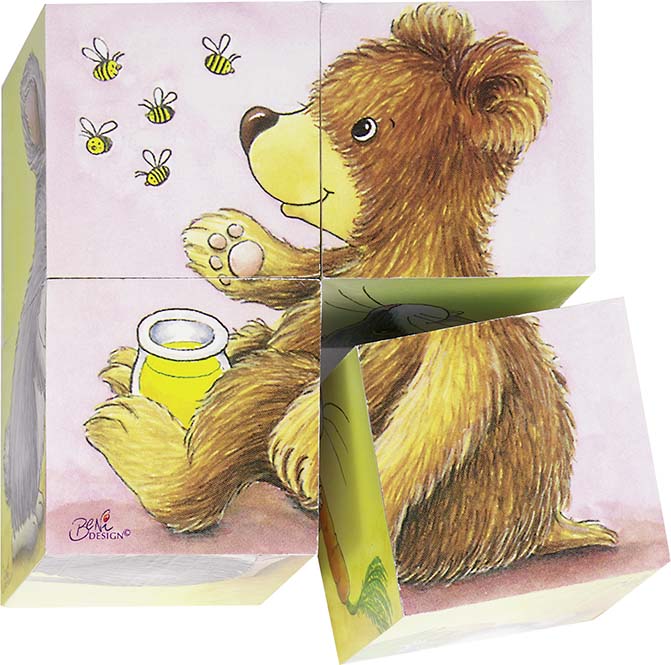 Cuburi din lemn Goki - Animale  bebelus, 4 piese
