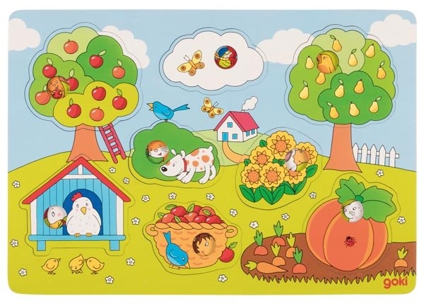 Puzzle din lemn Goki - In gradina, cu fond
