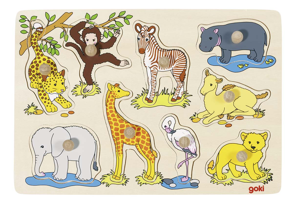 Puzzle din lemn cu manere Goki - Animale din Africa