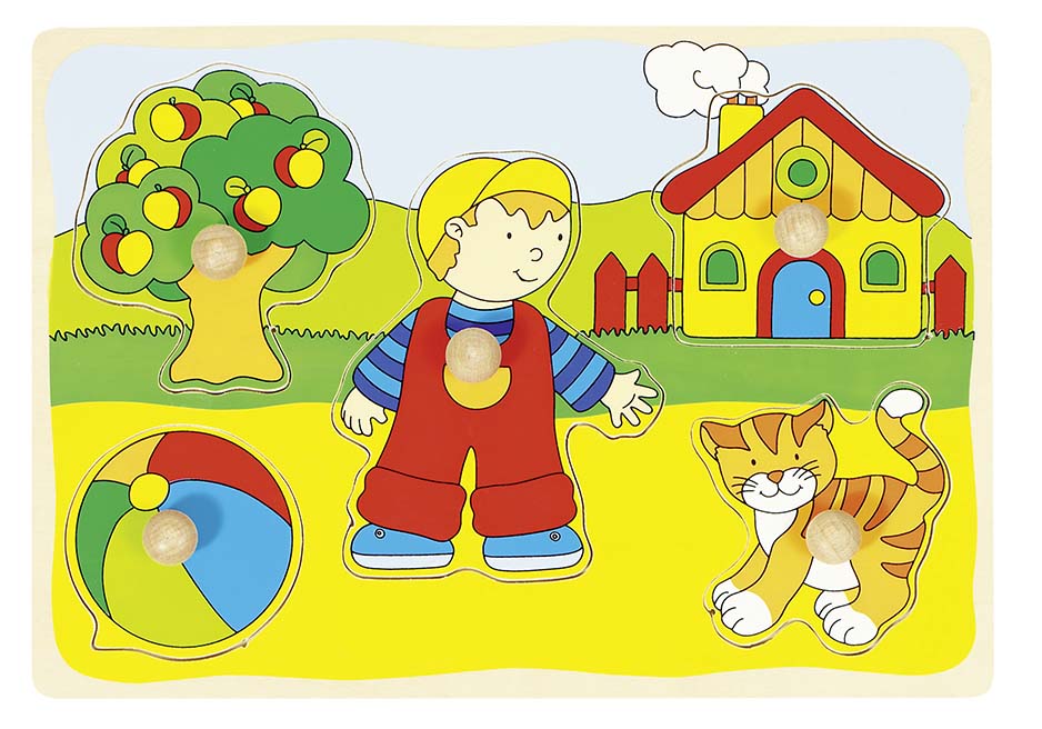 Puzzle din lemn cu manere Goki - Casa, pisica, baiat si minge