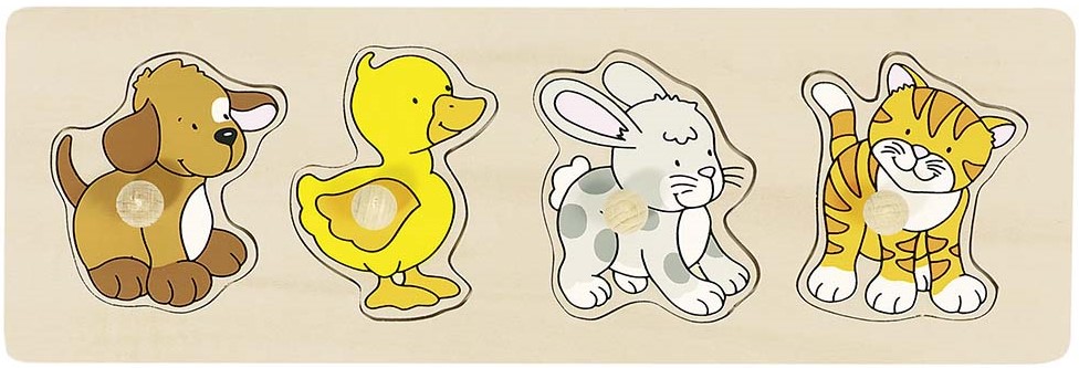 Puzzle din lemn cu manere Goki - Caine, rata, iepure si pisica