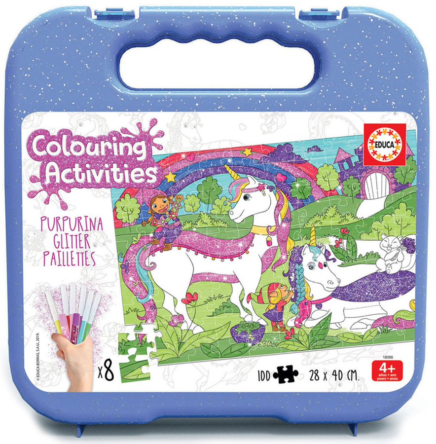 Puzzle de colorat Educa din 100 de piese - Unicorns Glitter, cu 8 carioci
