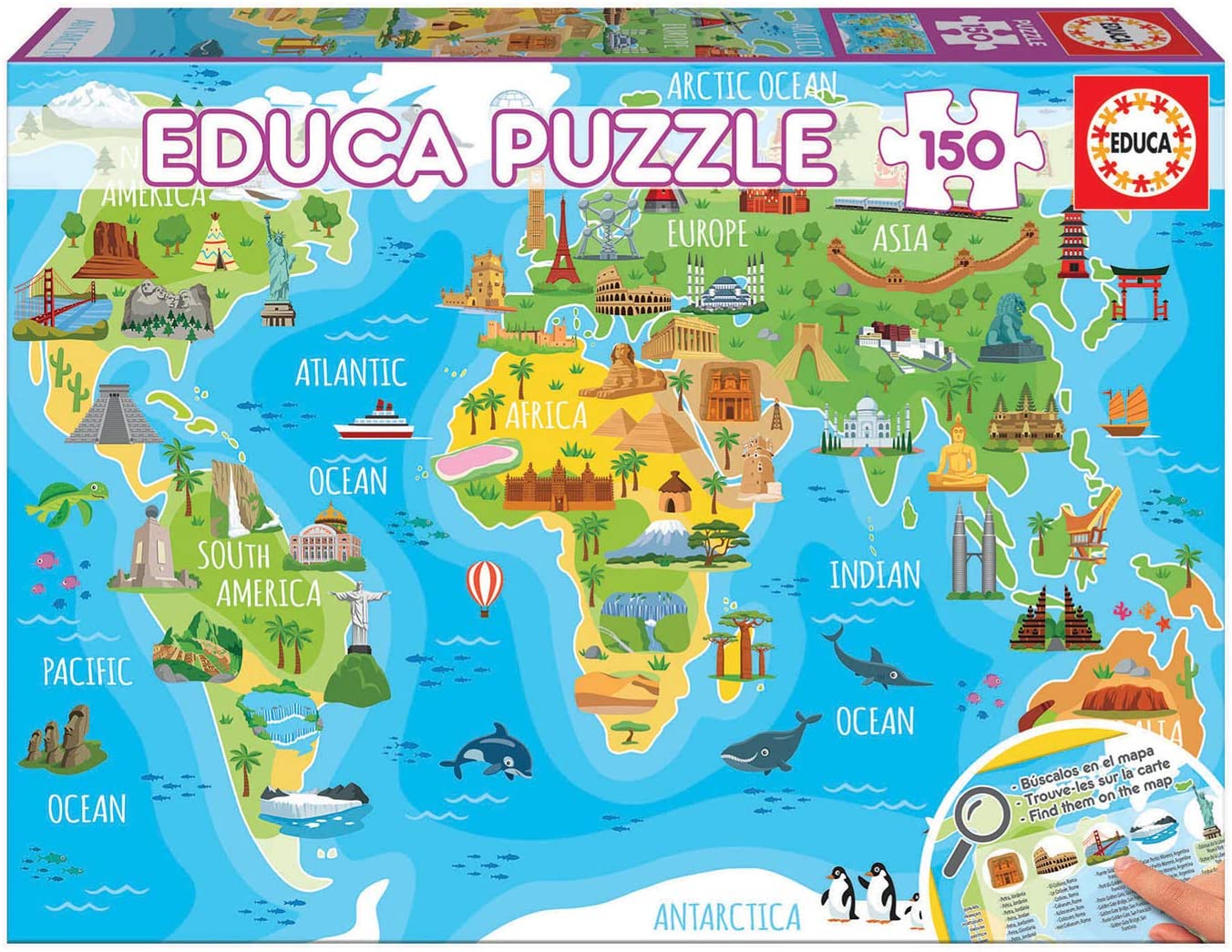 Puzzle Educa din 150 de piese - Harta lumii cu repere