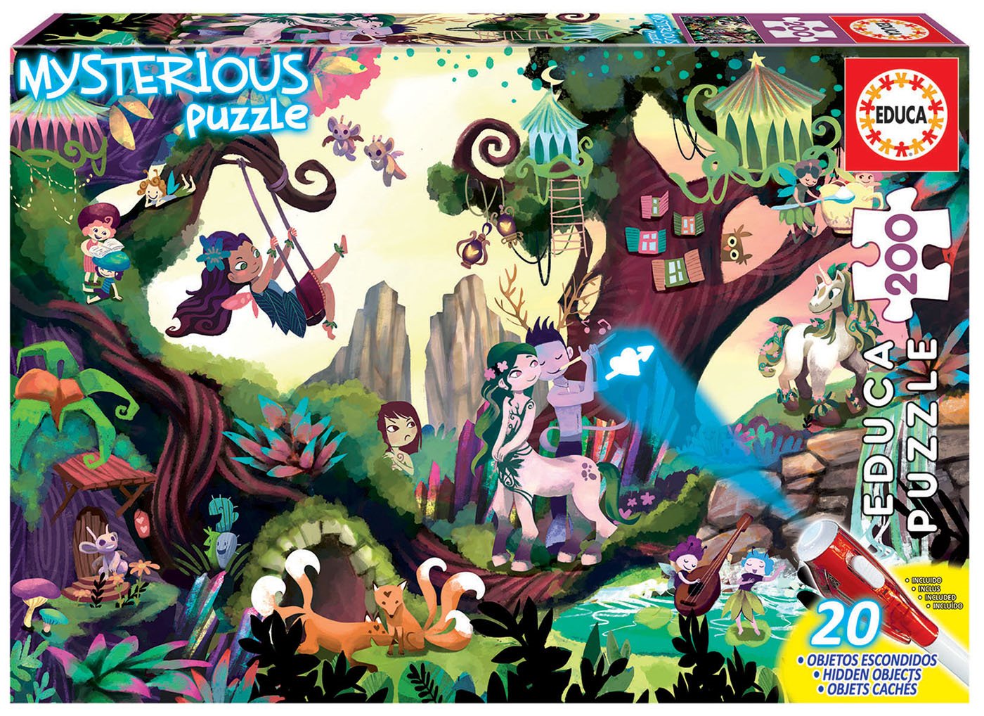 Puzzle-ghicitoare Educa din 200 de piese - Pădure magică, cu lumină UV