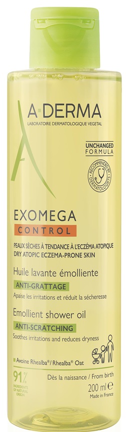 A-Derma Exomega Control Ulei de duș emolient anti-zgârieturi, 200 ml