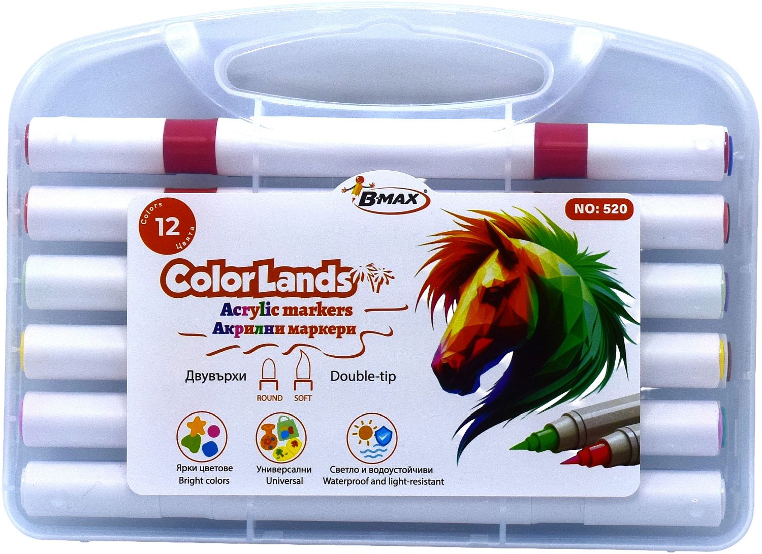 Markere acrilice B-Max Color Lands - Cu două capete, 12 culori