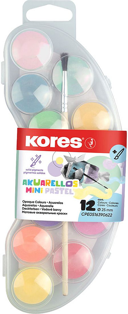 Vopsele de acuarelă Kores - Pastel, 12 culori, cu pensulă