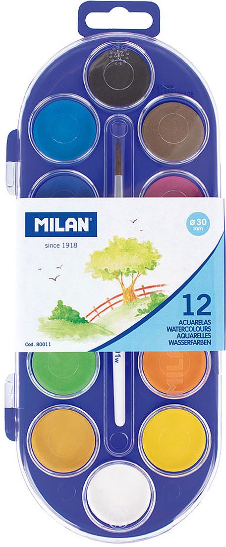 Vopsele acuarele Milan - Ф30 mm, 12 culori + pensula