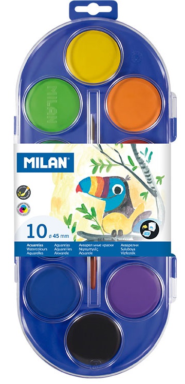Vopsele acuarele Milan - Ф45 mm, 12 culori + perie