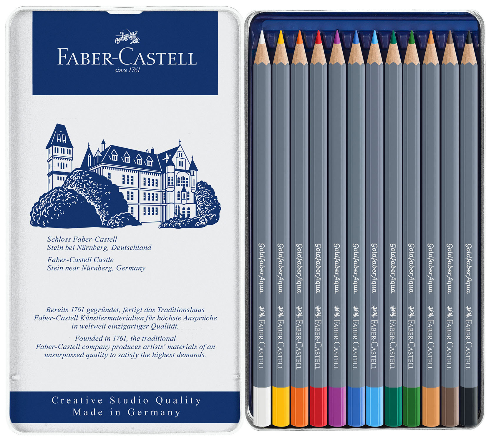 Creioane acuarelabile Faber-Castell Goldfaber Aqua - 12 culori, în cutie metalică