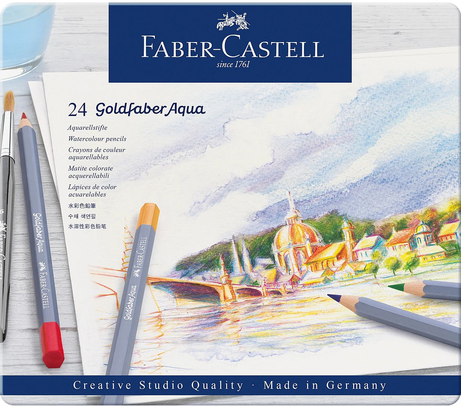 Creioane acuarelabile Faber-Castell Goldfaber Aqua - 24 culori, în cutie metalică