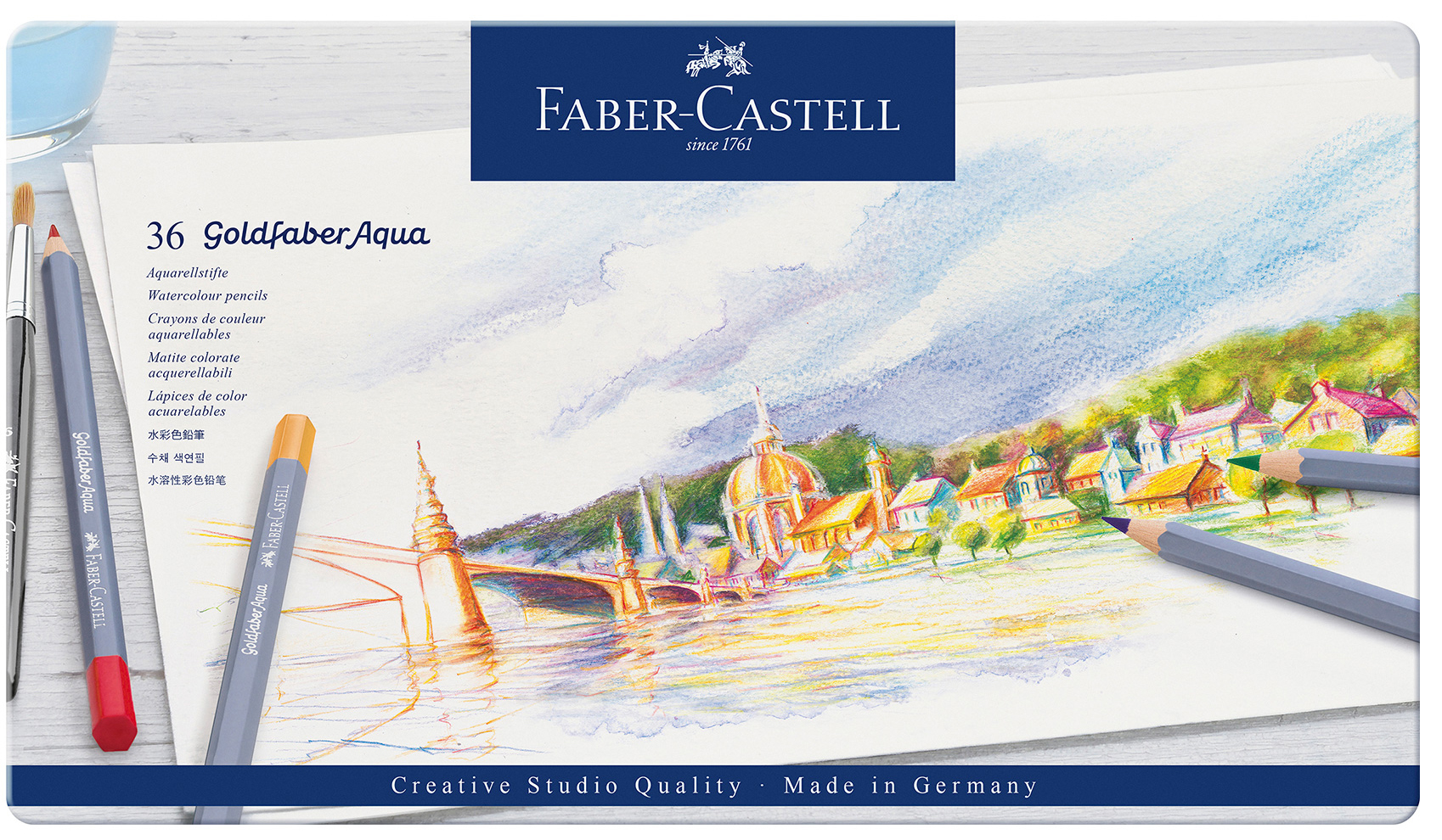 Creioane acuarelabile Faber-Castell Goldfaber Aqua - 36 culori, în cutie metalică