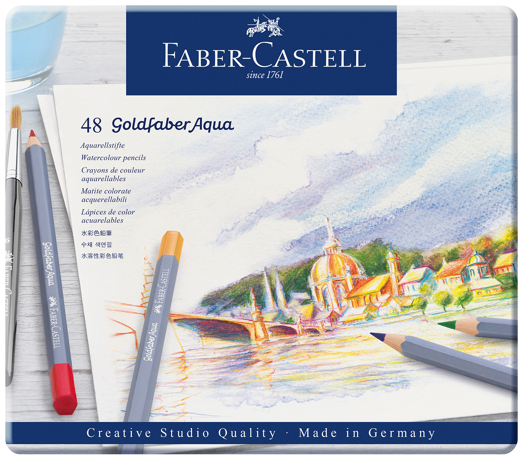 Creioane acuarelabile Faber-Castell Goldfaber Aqua - 48 culori, în cutie metalică