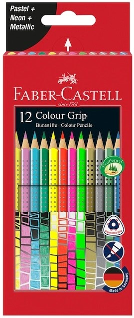 Creioane acuarela Faber-Castell  Grip - 12 culori pastelate, neon și metalice