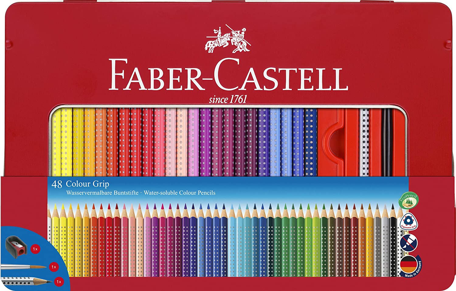 Creioane de acuarelă Faber-Castell Grip 2001 - 48 de culori, cutie metalică