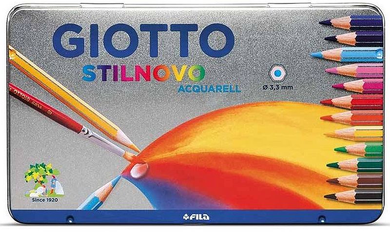 Creioane acuarelă  Giotto Stilnovo - 12 culori, în cutie metalică