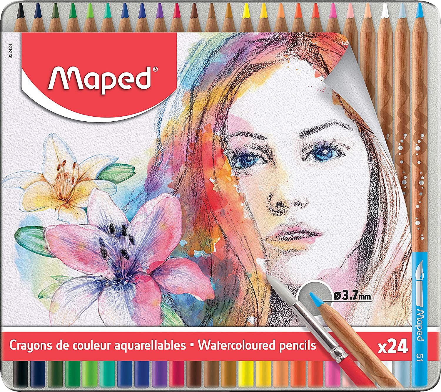 Creioane acuarele Maped Water Artist - 24 culori, in cutie metalica