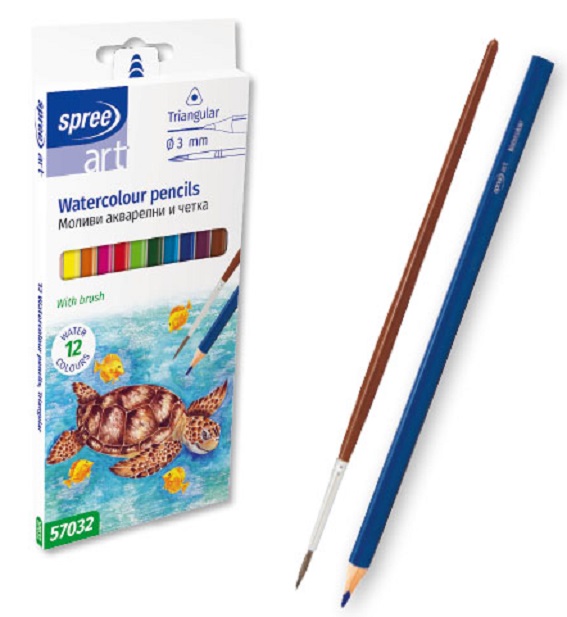 Creioane colorate acuarela SpreeArt - Triunghiulare, Ø 3 mm, 12 culori + perie