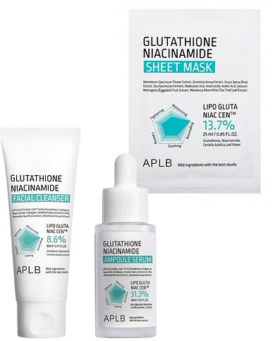 APLB Set Glutathione Niacinamide - Spumă de curățare, Ser și Mască de foi, 80 + 40 + 25 ml