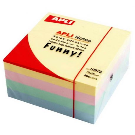 Cub notite adezive APLI - 4 culori pastelate,  75 x 75 mm, 400 bucati