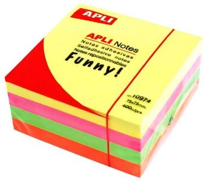 Cub notite autoadezive APLI - 4 culori neon,  75 x 75 mm, 400 bucati