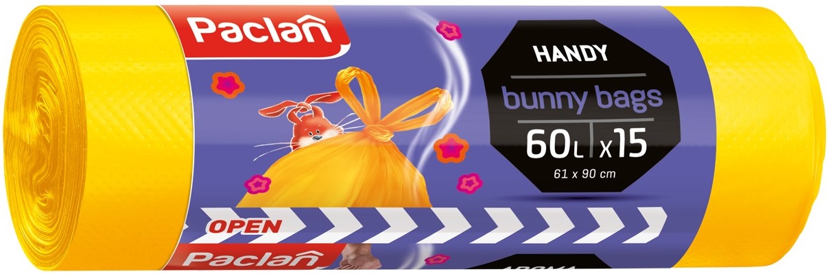 Saci de gunoi parfumați  Paclan - Bunny, 60 l, 15 buc., galben