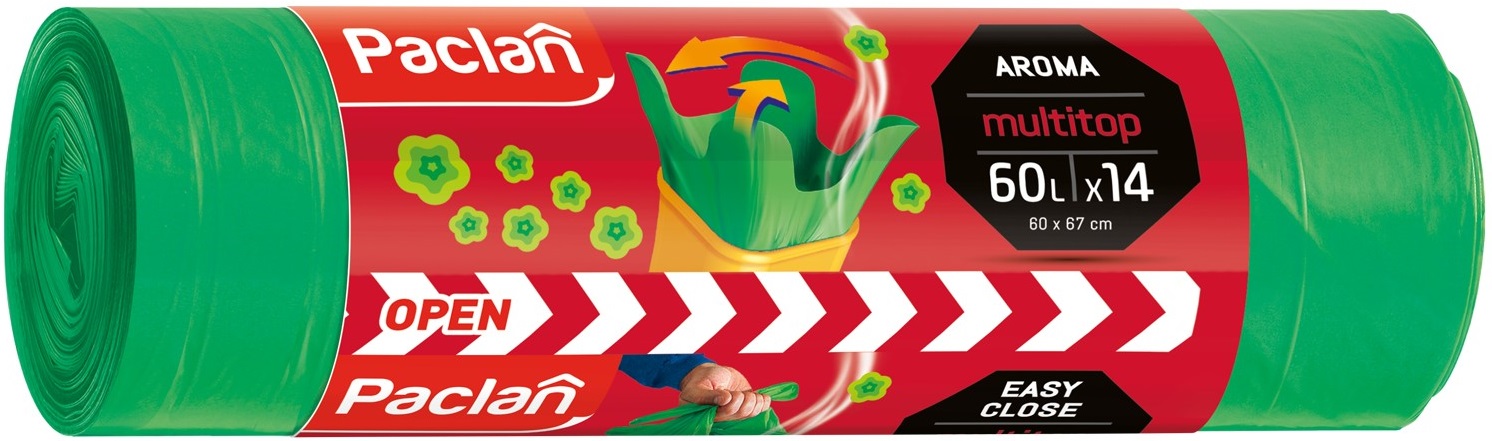 Saci de gunoi parfumați  Paclan - Multitop, 60 l, 14 buc., verde