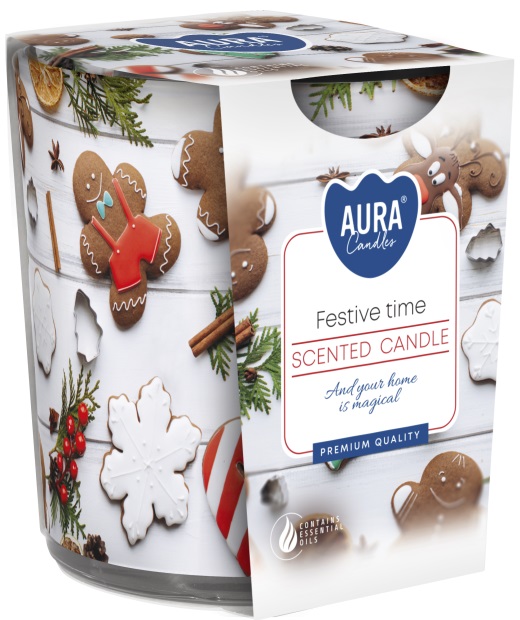 lumânare parfumată într-o cană Bispol Aura - Festive Time, 100 g