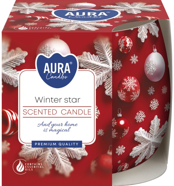 Lumânare parfumată într-o cană Bispol Aura - Red Winter Star, 100 g, asortiment