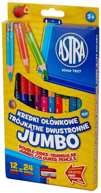 Creioane cu doua capete Jumbo colorate Astra -12 bucati, 24 culori, cu ascutitoare