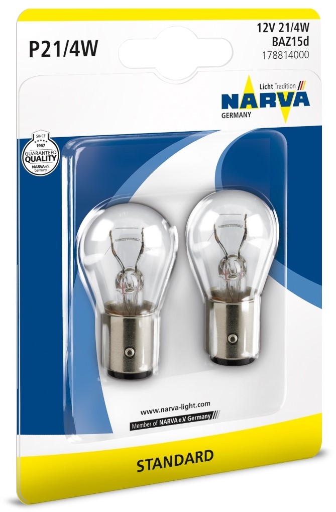 Becuri auto NARVA - 12V, P21/4W, BAZ15d, 2 buc.