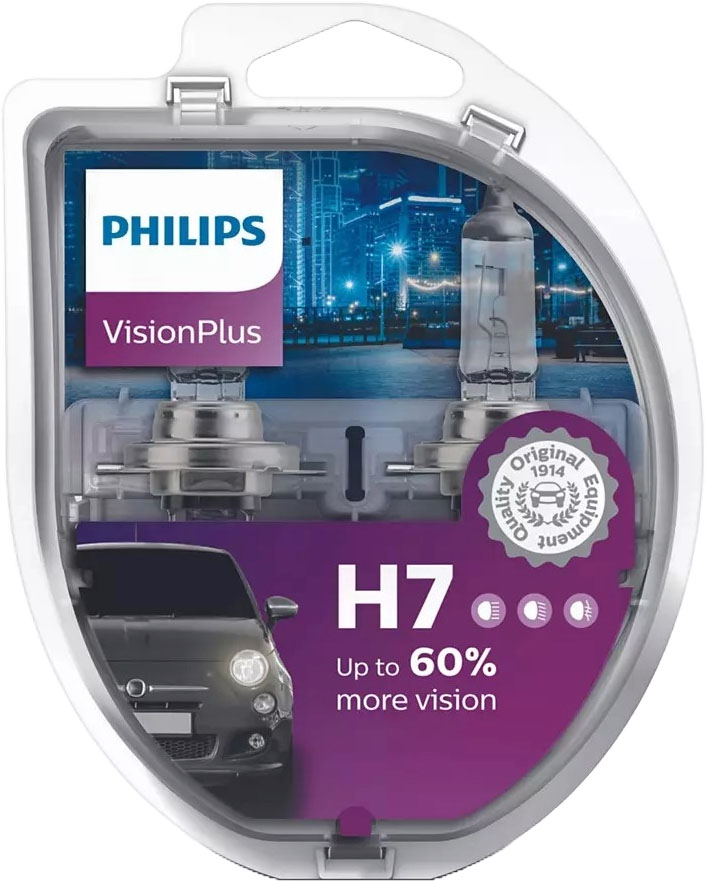 Becuri auto Philips - H7, Vision plus +60% more light, 12V, 55W, 2 buc