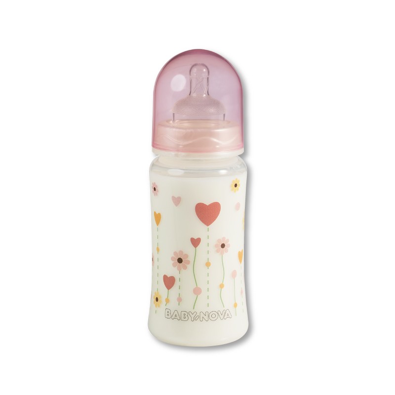 Sticlă de plastic cu gât larg Baby Nova PP - 300 ml, Flori