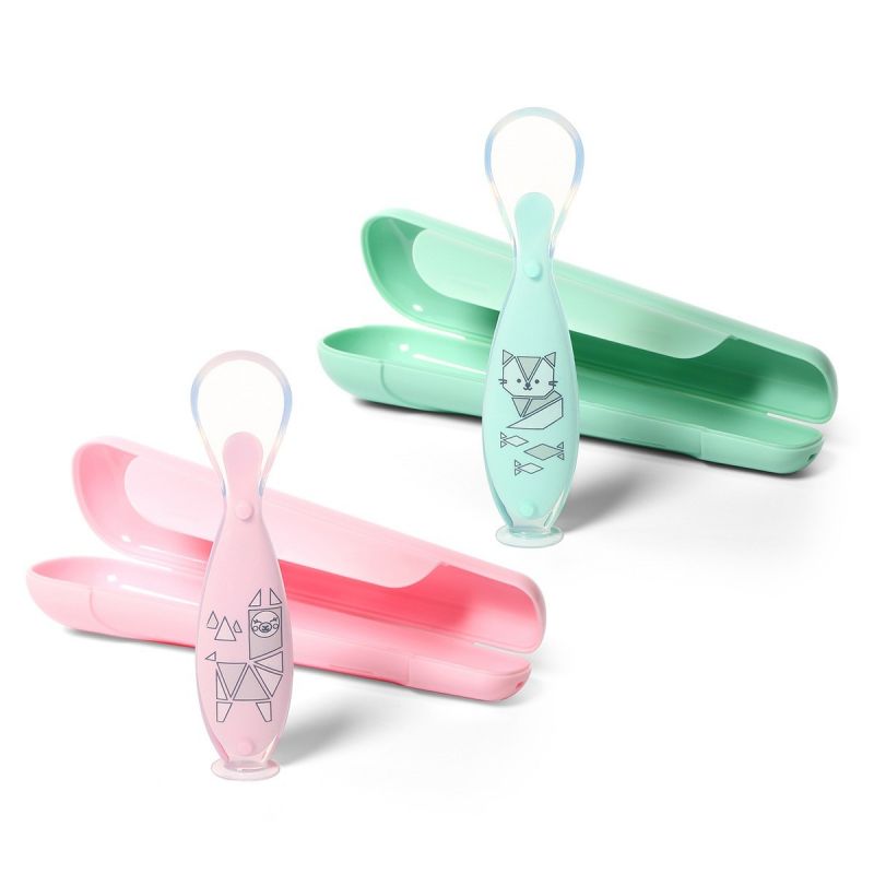 Lingură din silicon cu bază vidată Babyono - Roz, în cutie