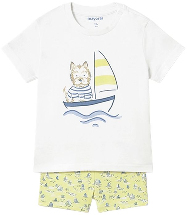 Set costum de baie din 2 piese Mayoral - Bărci, tricou și pantaloni scurți, 9 luni