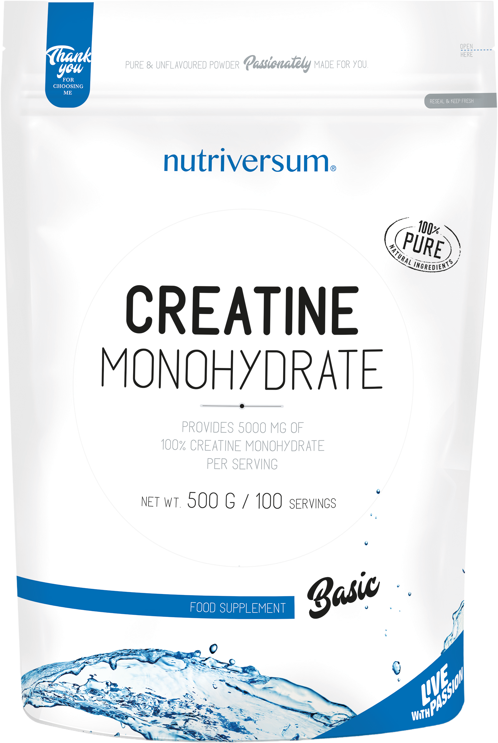 Basic Creatine Monohydrate, 500 g, fără gust, Nutriversum