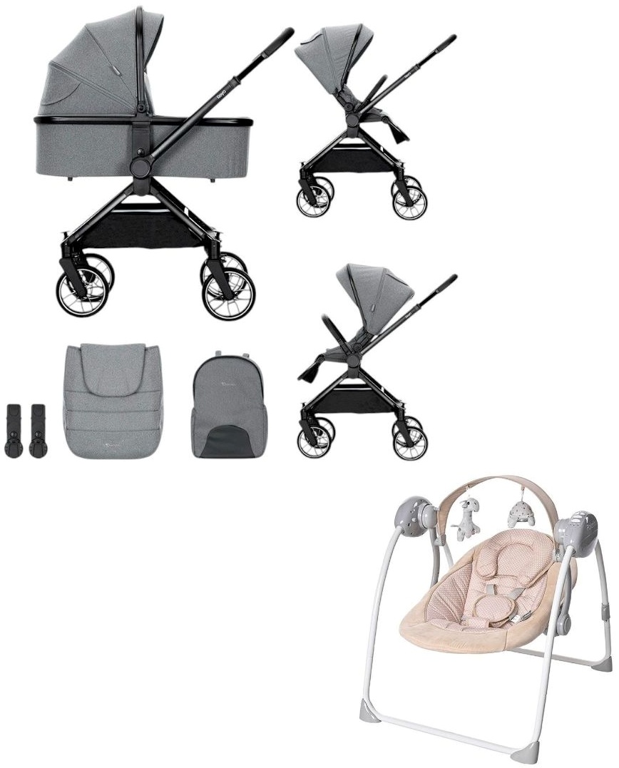Cărucior pentru bebeluși 2 în 1 Lorelli Premium - Reya, gri + leagăn - Portofino, Beige Dots