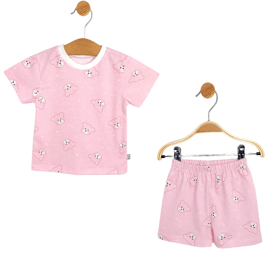 Pijamale pentru bebeluși cu mâneci scurte Rainy - Urs, roz, 74 cm, 6-9 luni
