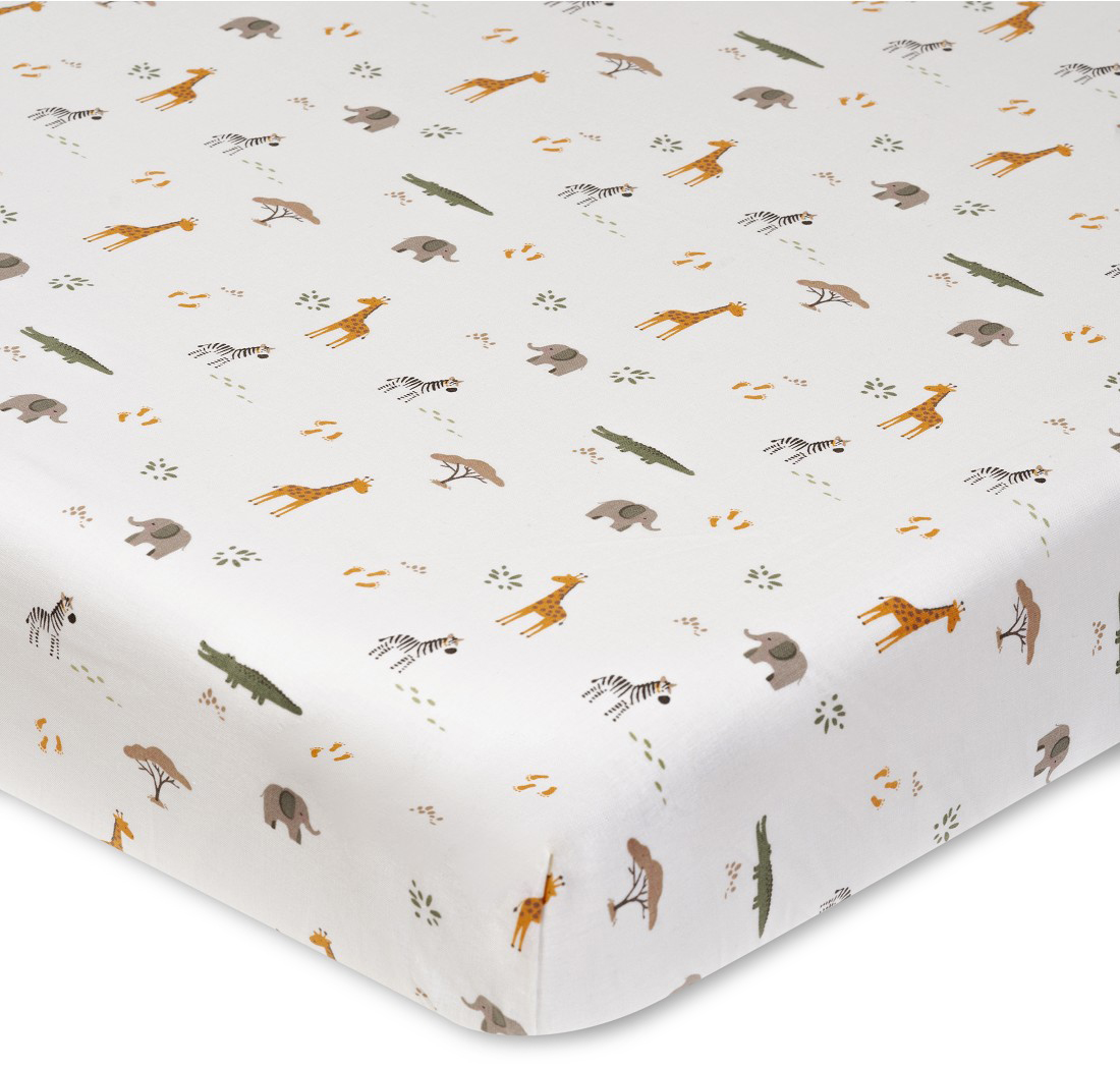 Cearșaf de pat pentru bebeluși cu elastic Interbaby - Jirafa Savanna, 60 x 120 cm, bej