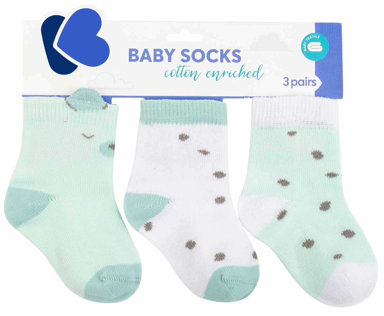 Sosete pentru bebelusi cu urechi 3D Kikka Boo - Bear with me, 2-3 ani, 3 perechi, Mint