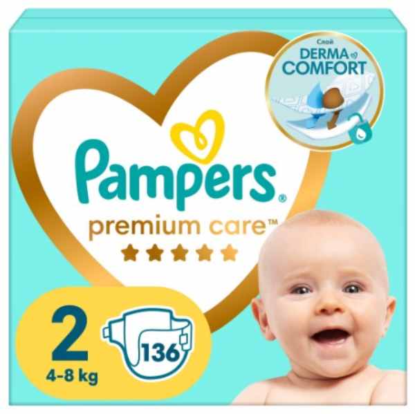 Scutece bebelusi Pampers Premium Care - Mini, Mărimea 2, 4-8 kg, 136 buc