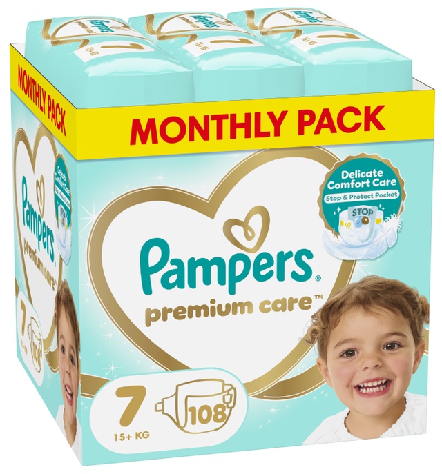 Scutece pentru bebeluși Pampers Premium Care - Mărimea 7, 15+ kg, 108 buc