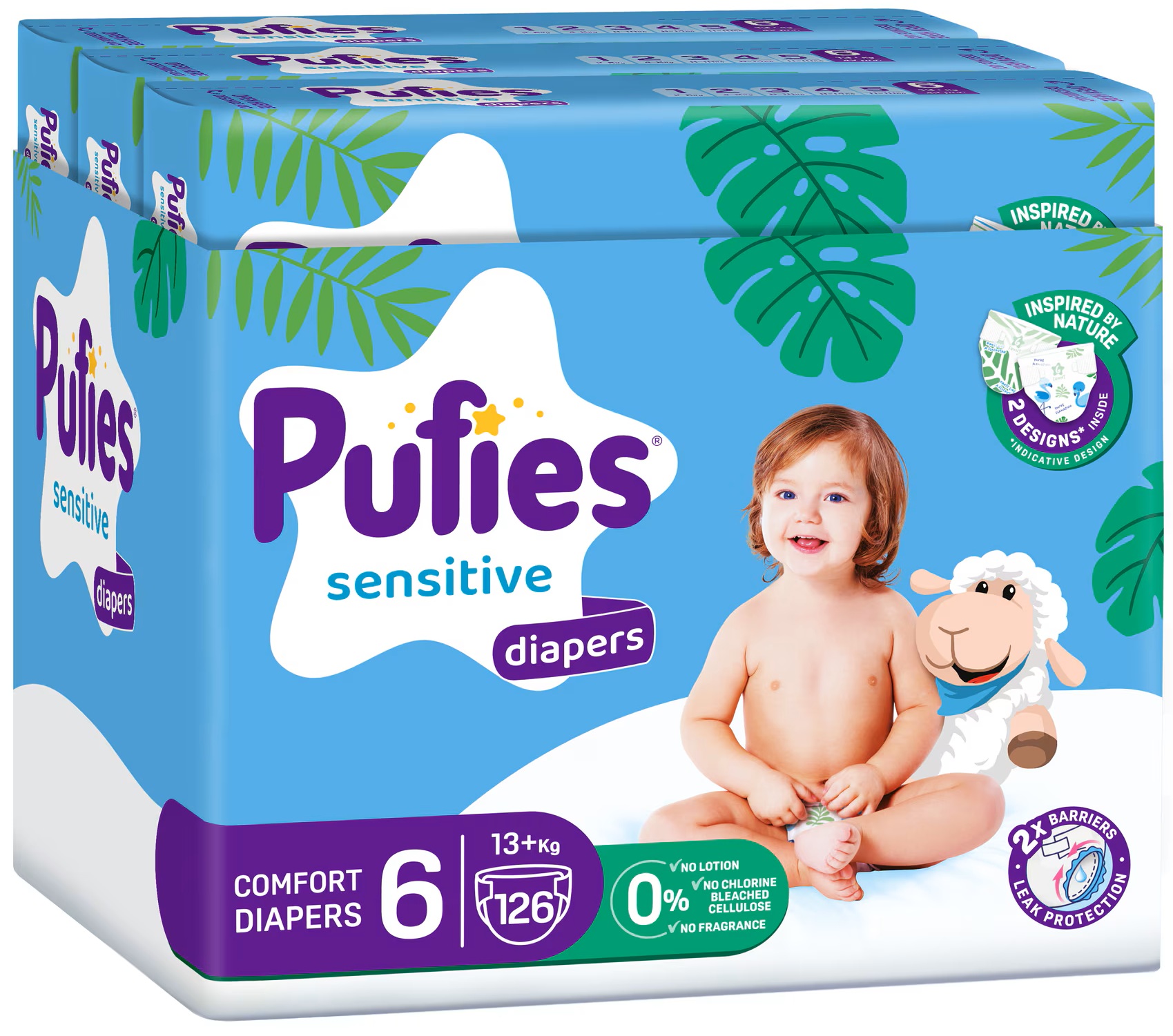 Scutece bebeluși Pufies Sensitive - Extra Large, mărime 6, 126 buc, 13+ kg, 3 х Maxi Pack