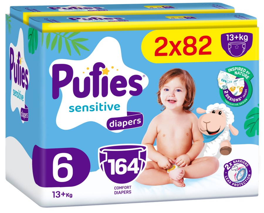 Scutece pentru bebeluși Pufies Sensitive - Extra Large, mărimea 6, 164 buc, 13+ kg, Mega Pack 2