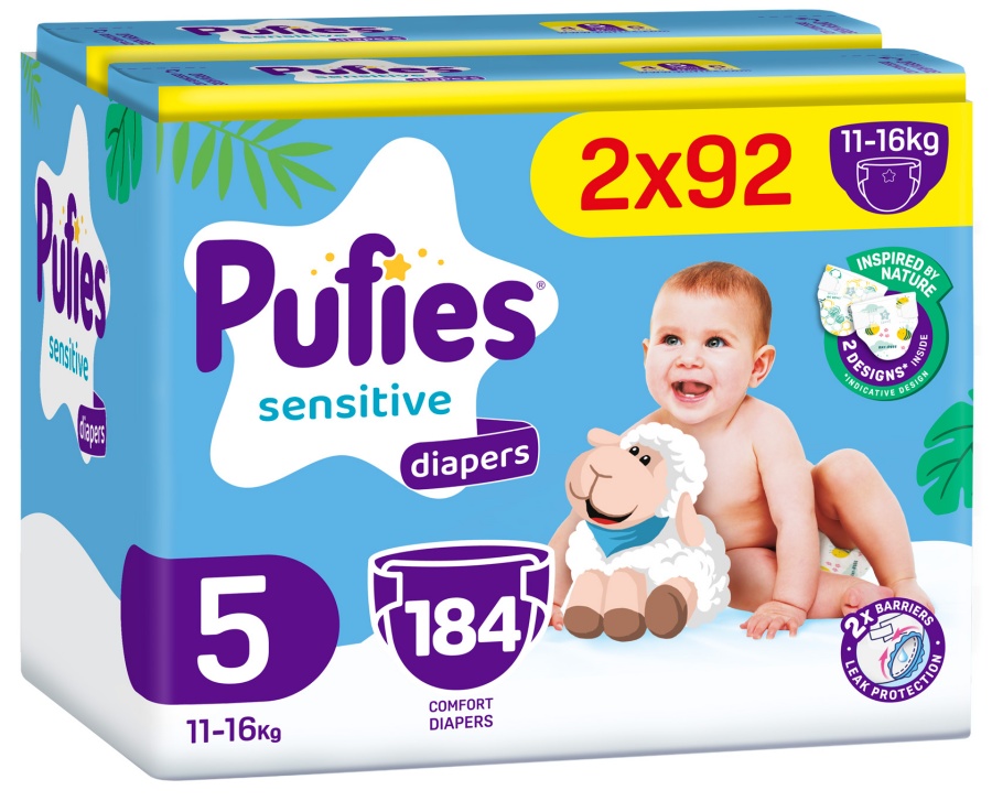 Scutece pentru bebeluși Pufies Sensitive - Junior, mărimea 5, 184 buc, 11-16 kg, Mega Pack 2