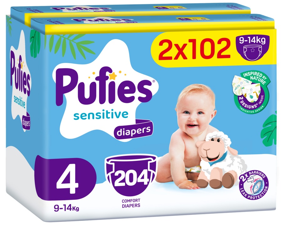Scutece pentru bebeluși Pufies Sensitive - Maxi, mărimea 4, 204 buc, 9-14 kg, Mega Pack 2