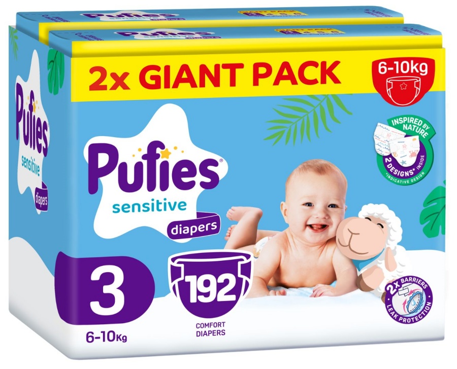 Scutece pentru bebeluși Pufies Sensitive - Midi, mărimea 3, 6-10 kg, 192 buc, Giant Pack