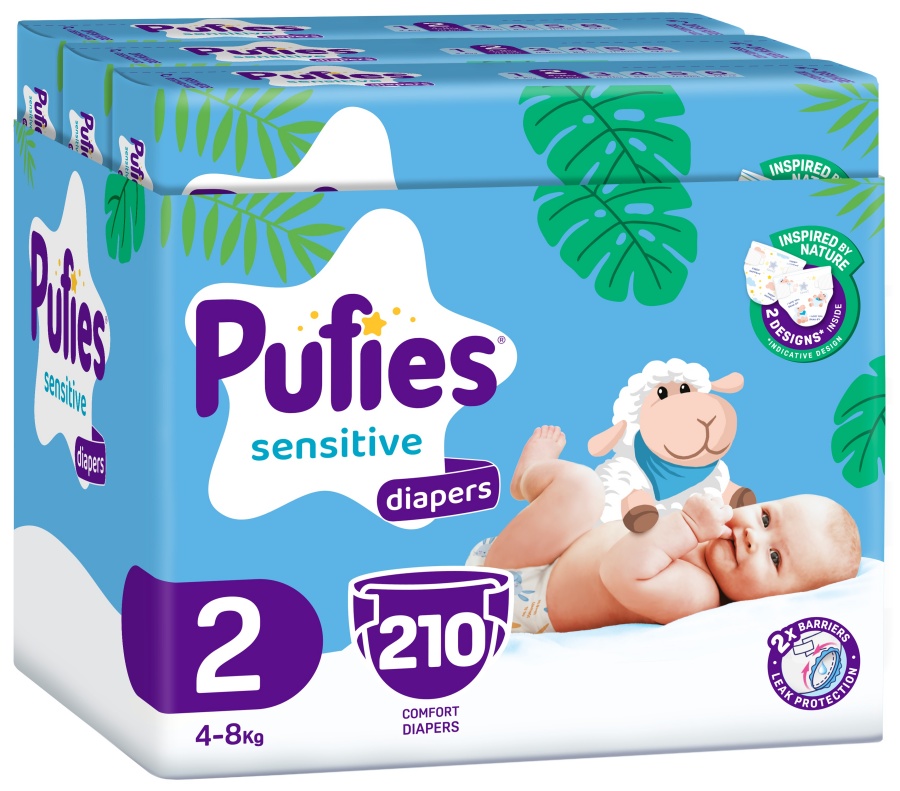 Scutece Pufies Sensitive - Mărimea 2, 4-8 kg, 210 buc