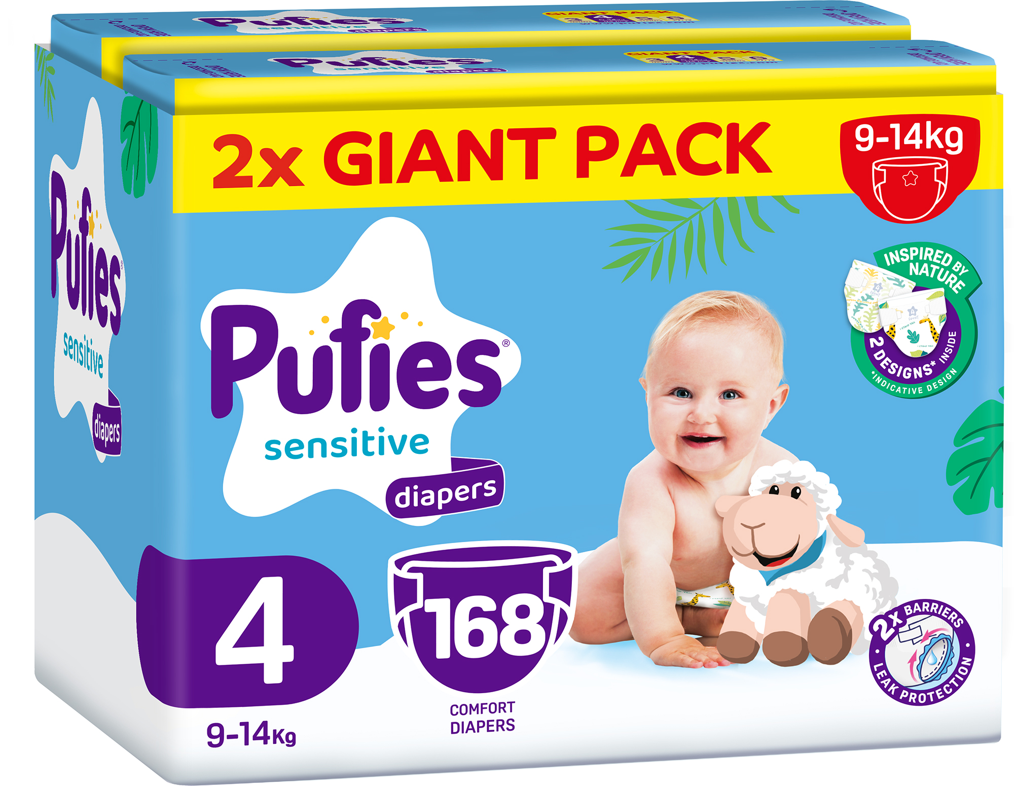 Scutece Pufies Sensitive - Mărimea 4, 168 buc, 9-14 kg, Giant Pack